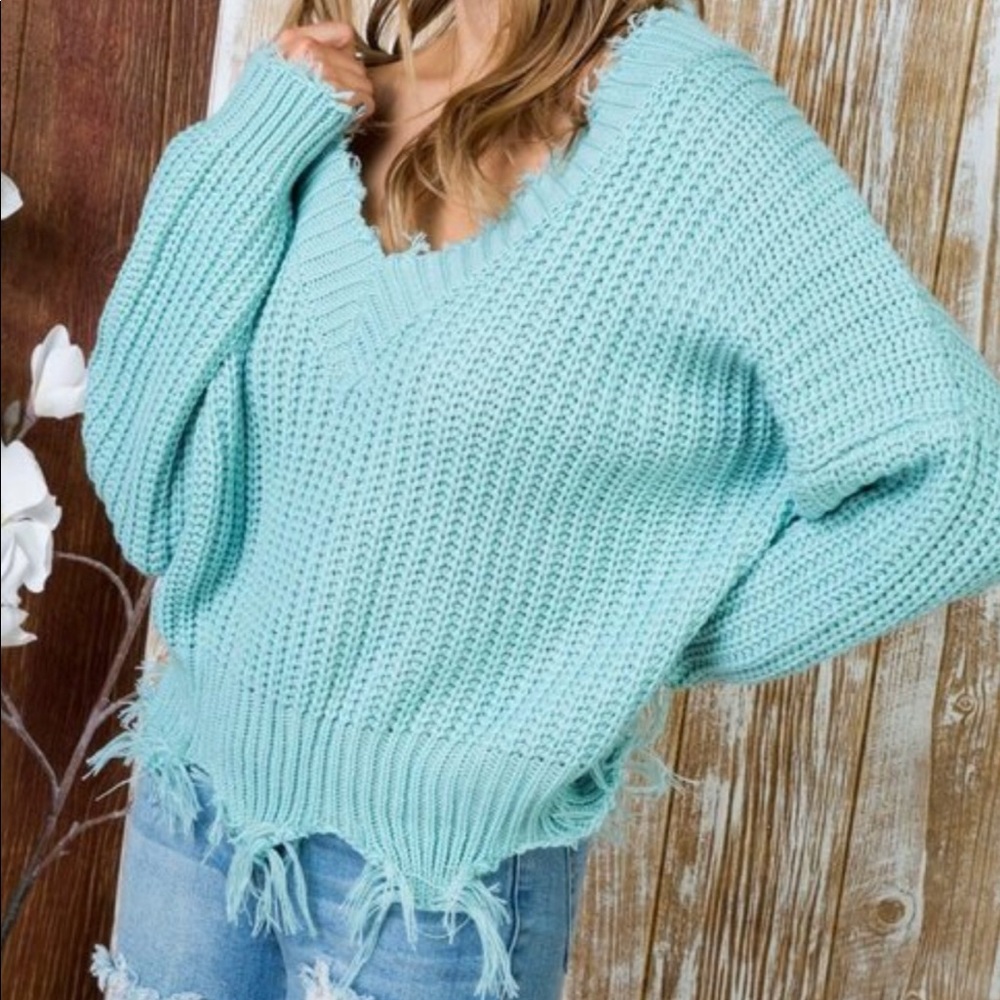 🍬JUST ADDED🍬 Mint Frayed V-neck Sweater